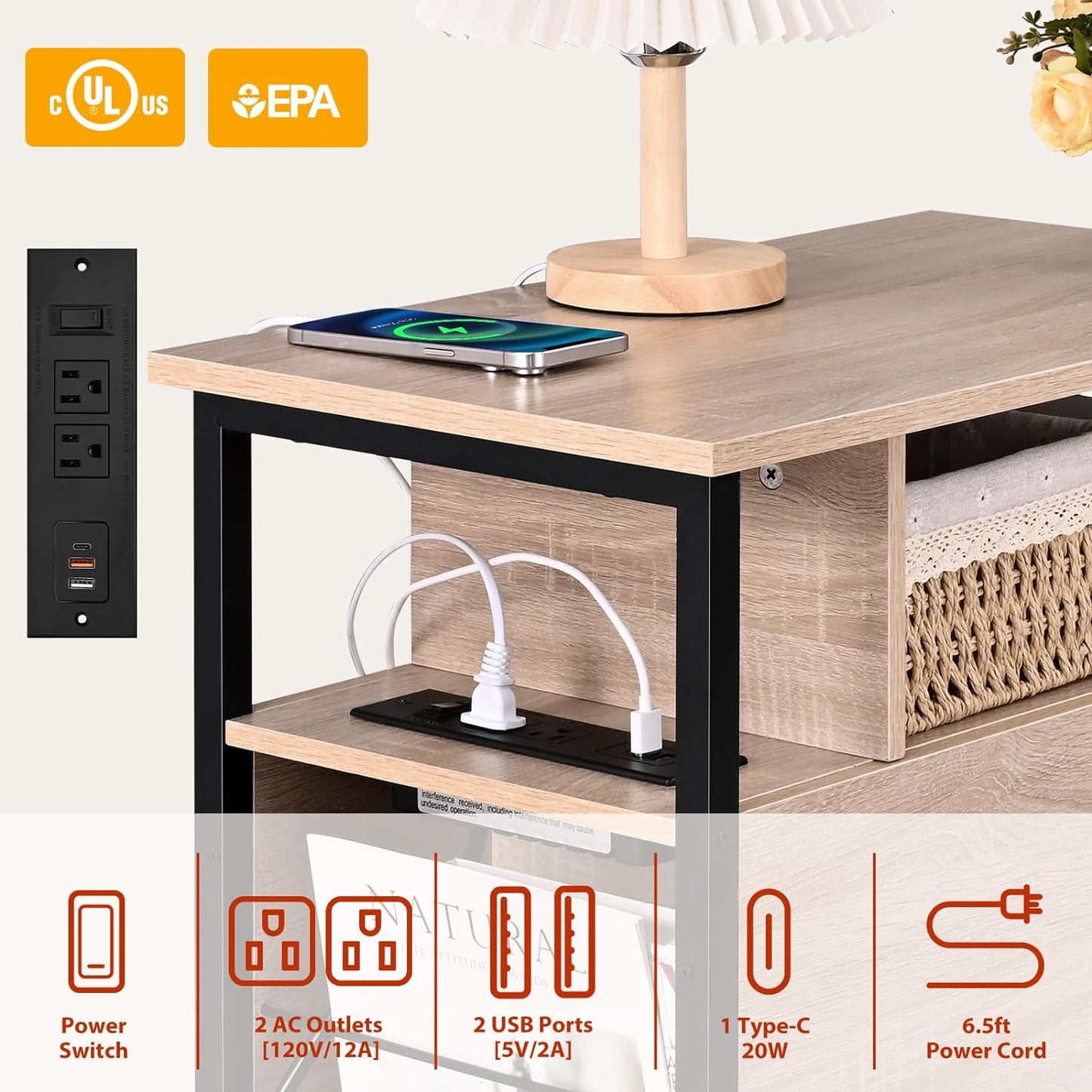 Side Tables with Charging Station, Narrow End Table with 2 Wooden Drawers, USB Ports and Power Outlets, Narrow Nightstand and Bedside Table, Side Tables Living Room, Bedroom, Greige