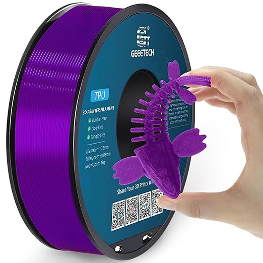 Geeetech TPU Filament 1.75mm, Shore 95A Flexible 3D Printer Filament with High Elasticity, 1KG (2.2lbs) Spool, Dimensional Accuracy ±0.03mm, Fits Most FDM Printers (Clear Purple)