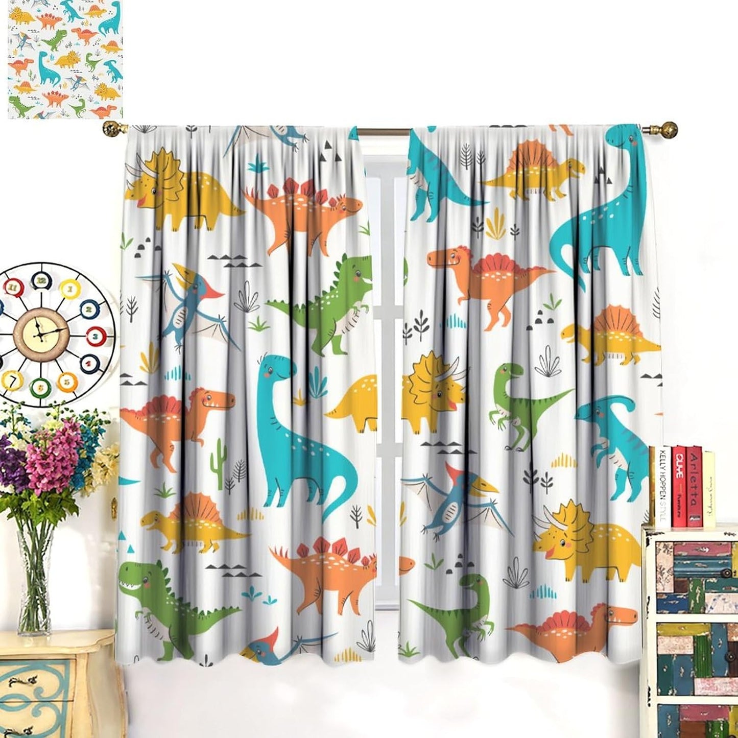 Kids Dinosaur Curtains for Boys Girls Bedroom Decor Cartoon Dino Colorful Cute Funny Animal Wildlife Printed Blackout Rod Pocket Window Drapes for Baby Nursery Playroom Living Room W21xL63in 2 Panels