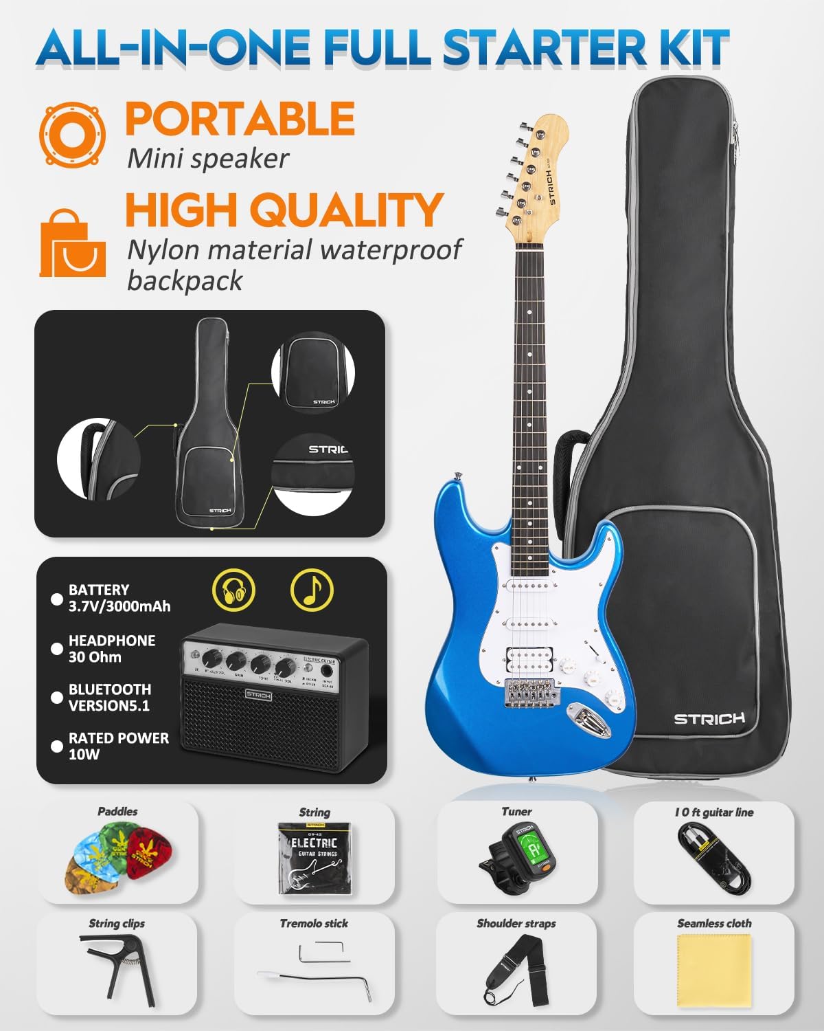 STRICH Electric Guitar Beginner Kit, Solid Body 39" Full Size Electric Guitar HSS Pick Up for Starter, with 10W Amp, Bag, Digital Tuner, Capo, Strap, String,Cable, Picks, SST-S20 Sapphire Blue