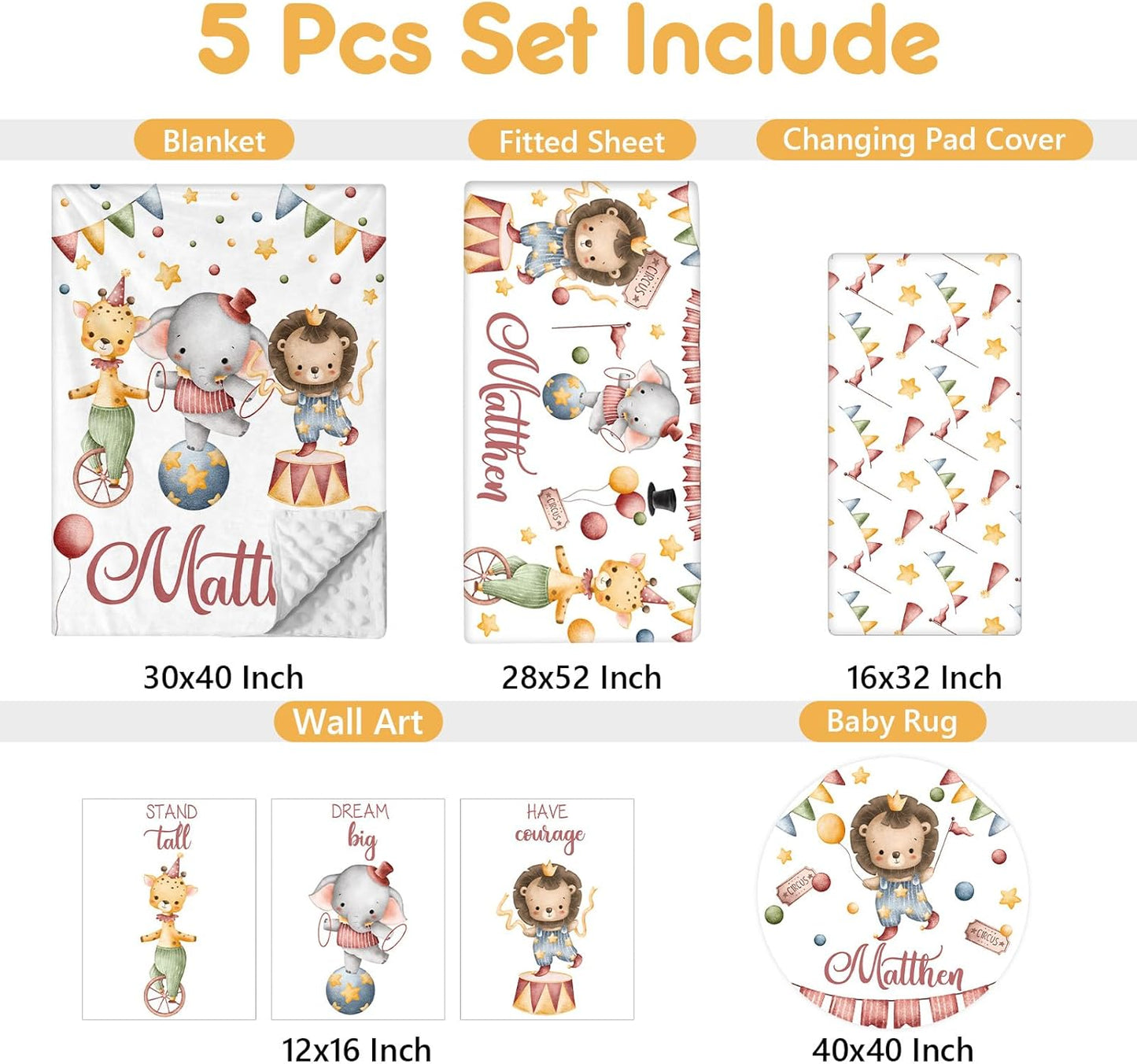 Custom Baby Crib Bedding Set, 5 Pcs Personalized Name Baby Crib Set with Double Layer Blanket, Soft Circus Animals Nursery Bedding Set for Girls Boys, Customized Gifts for Infants Toddlers