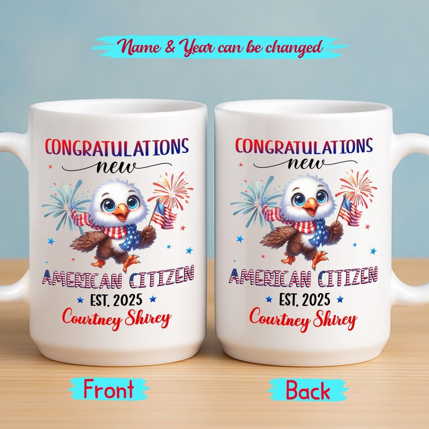 Congratulations New American Citizen Coffee Mug Gift For Daughter Son Sister Brother, Customized Congrats US Citizen White Coffee Cup With Year & Name, Personalized US Citizenship Teacup 11Oz 15Oz