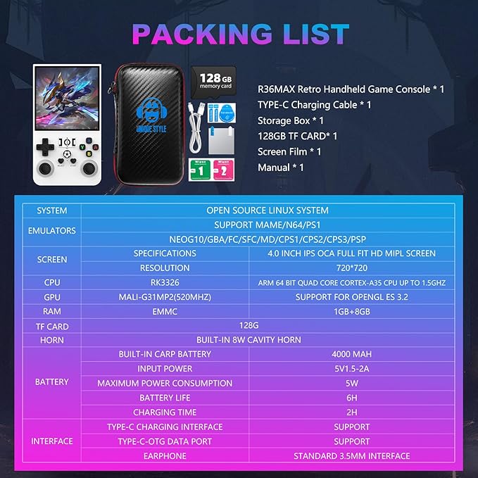 R36MAX Retro Handheld Game Console, 4.0 Inch 720x720 IPS Screen, Built-in 22,000+ Classic Game, Portable Hand Held Open Source Linux System, 4000mAh Battery Retro Gaming Console (White 128GB)