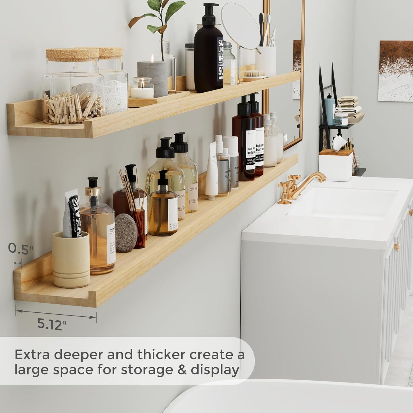 Picture Ledge Shelf, Floating Shelves Set of 2, 72 Inches Long Large Nursery Book Shelves for Toys Storage, Kids Bookshelf Wall Mounted for Living Room Bedroom Decor Books Photo Frames, Natural