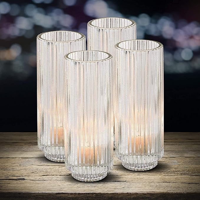 Serene Spaces Living Slim Clear Ribbed Glass Votive Holder, Decorative Centerpiece for Wedding, Christmas, Thanksgiving, Living Room, Home Décor, 2.25" Diameter & 6.25" Tall, Pack of 24
