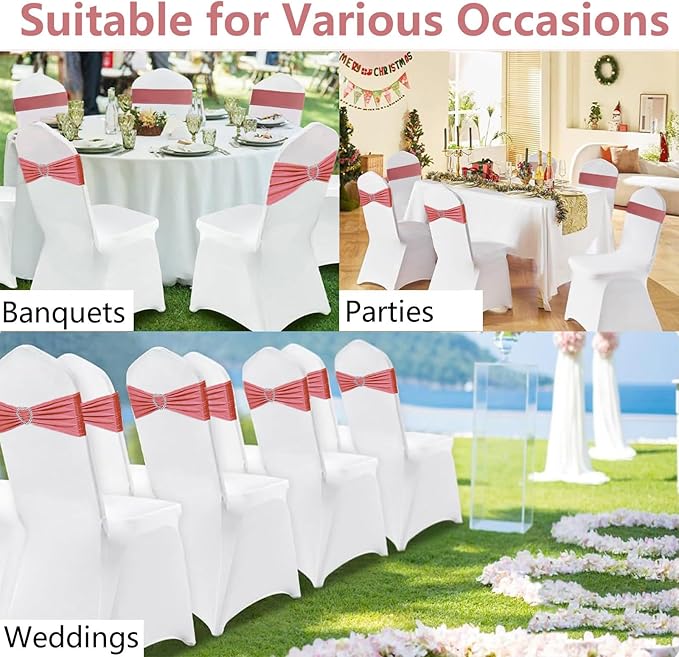 Coral Red Chair Sashes 25 Pack Spandex Coral Red Sashes for Chairs Covers Universal Stretch Chair Sashes Band with Heart Buckle Slider Universal Sashes Bows for Wedding Banquet Party Decorations