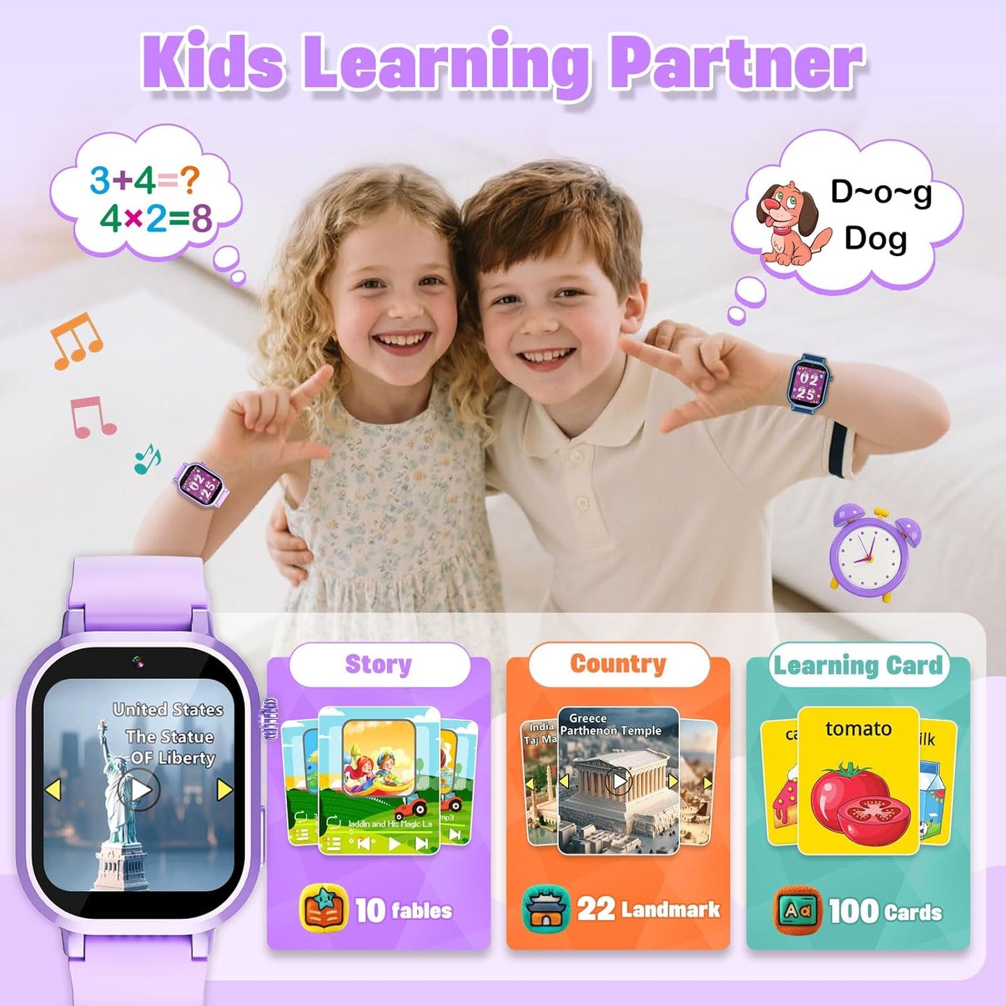 Kids Waterproof Smart Watch Girls Gift Age 3-12 with 39 Game HD Touch Screen Music Player Video Camera Pedometer Alarm Clock Toys Birthday Gifts for 6 7 8 9 Year Olds Purple