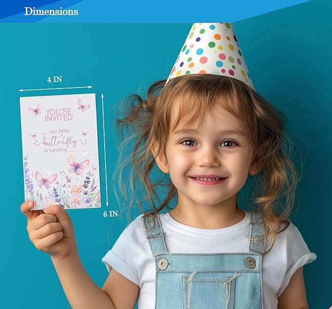 Butterfly First Birthday Invitations for Girls, 1st Floral One Little Butterfly Birthday Party Invitaions for Butterfly Party Invites, 4x6 Inches, 30 Sets with Envelopes