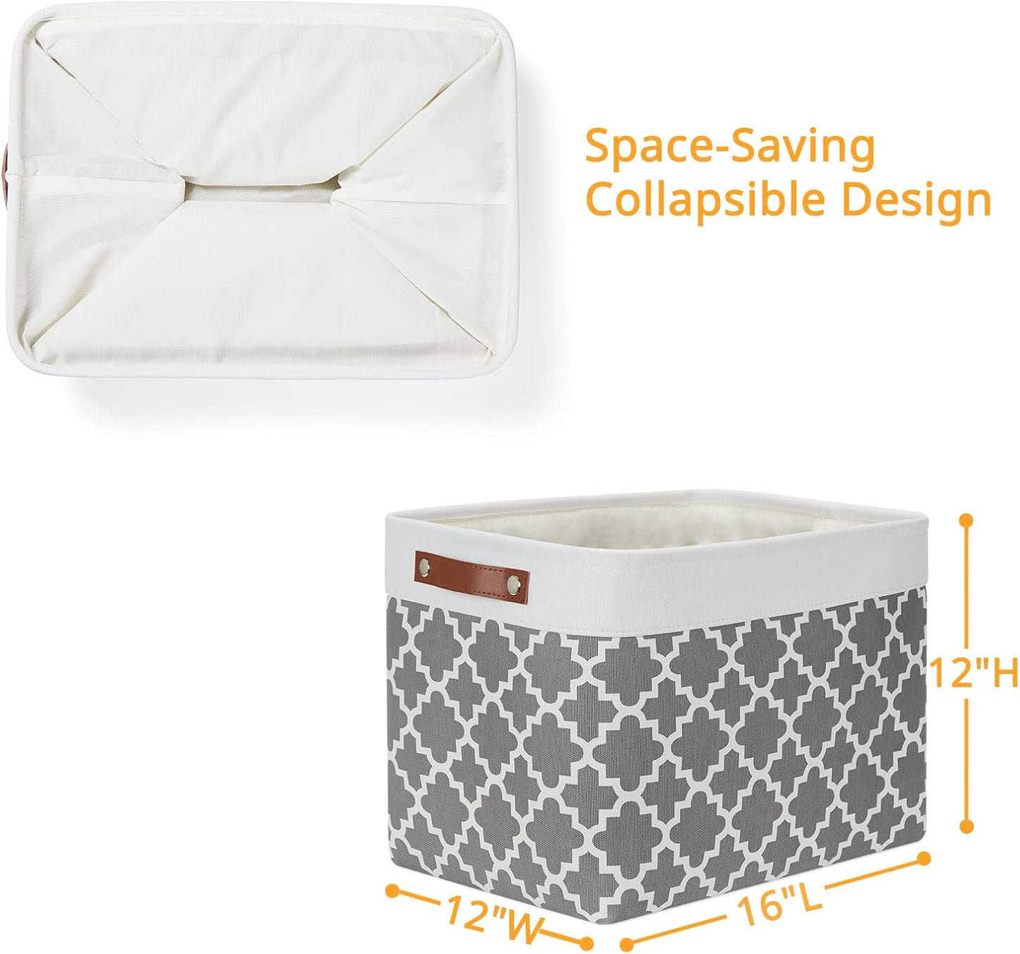 DULLEMELO Foldable Nursery Storage Baskets Canvas Storage Bins for Organizing 2 Pack Collapsible Home Organizer With Leather Handles (White&Lattice Grey)