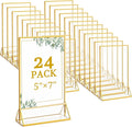 Floroom 24 Pack 5x7 Inch Clear Acrylic Sign Holders, Double-Sided Gold Display Stand Picture Frames for Table Numbers, Menus, Flyers, Weddings, and Offices