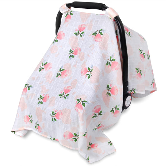 Rquite Car Seat Covers for Babies - 100% Muslin, Lightweight, Soft, Breathable Baby Carrier Cover - Summer Stroller Canopy (Pink Flower)