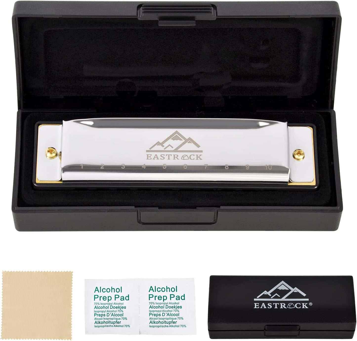 EastRock Blues Harmonica Mouth Organ Harp 10 Hole C Key with Case, Diatonic Harmonica for Beginner, Professional Player, Students gifts, Adult, Friends, Gift Silver