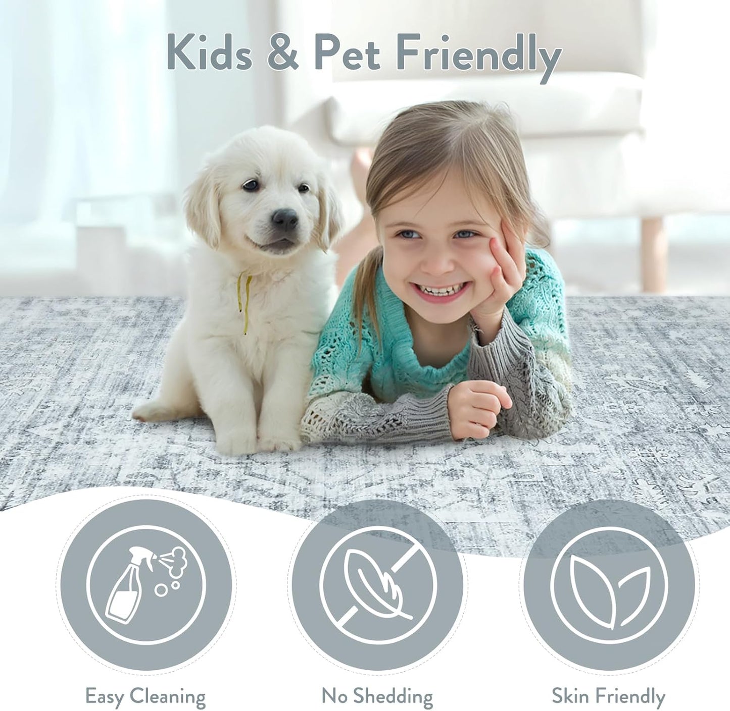 LIVEBOX Washable Area Rug 9x12 Rugs for Living Room Bedroom, Non-Slip Boho Neutral Carpet for Dining Room Office, Low-Pile Farmhouse Soft Carpets for Kids Nursery Room Playroom, Grey