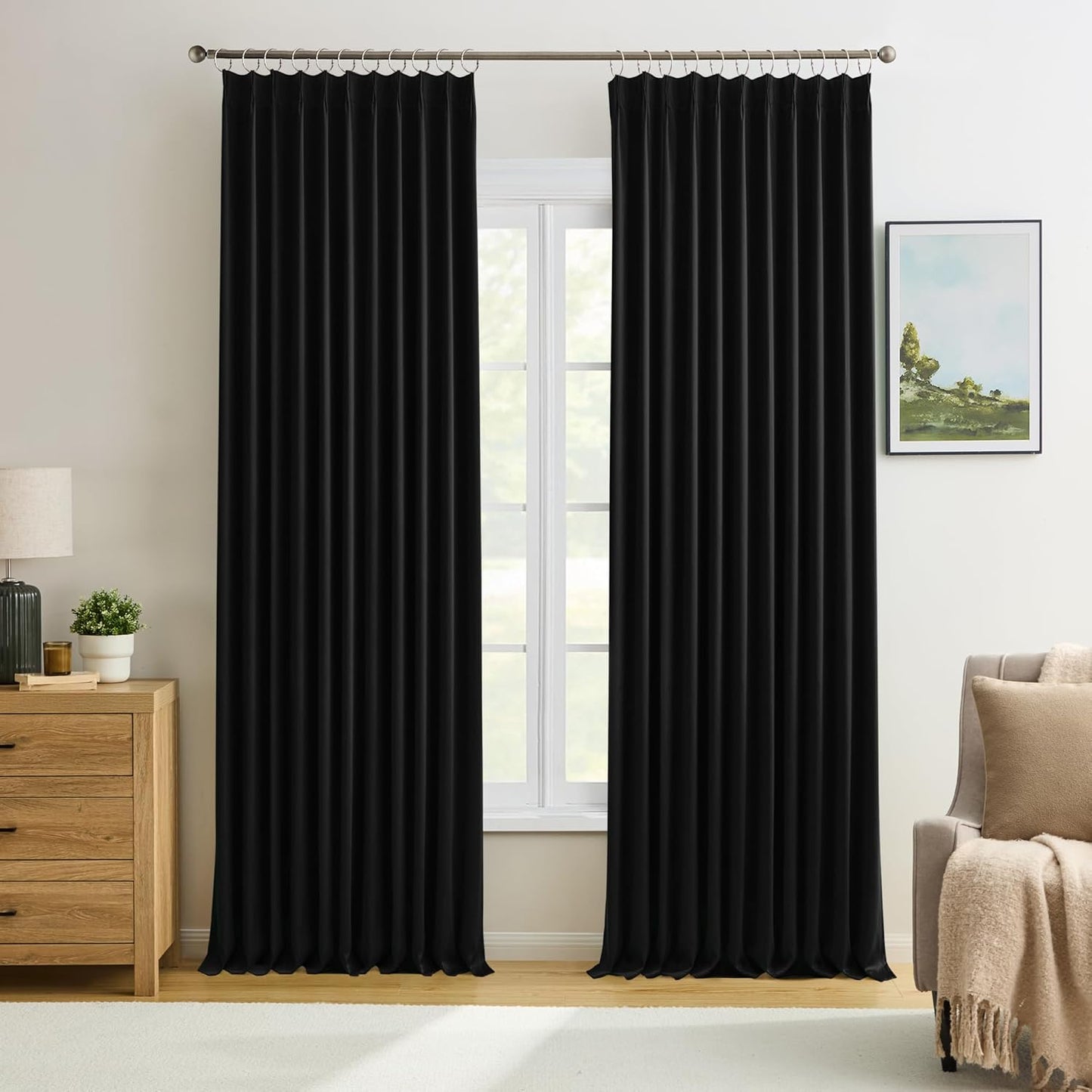 KEQIAOSUOCAI 72 Inch Wide Black Pinch Pleated Curtains 72 x 84, Thermal Insulated Noise Cancelling Living Room Office Drapes 84 Inches Long, Patio Sliding Glass Door Window Curtain 2 Panels