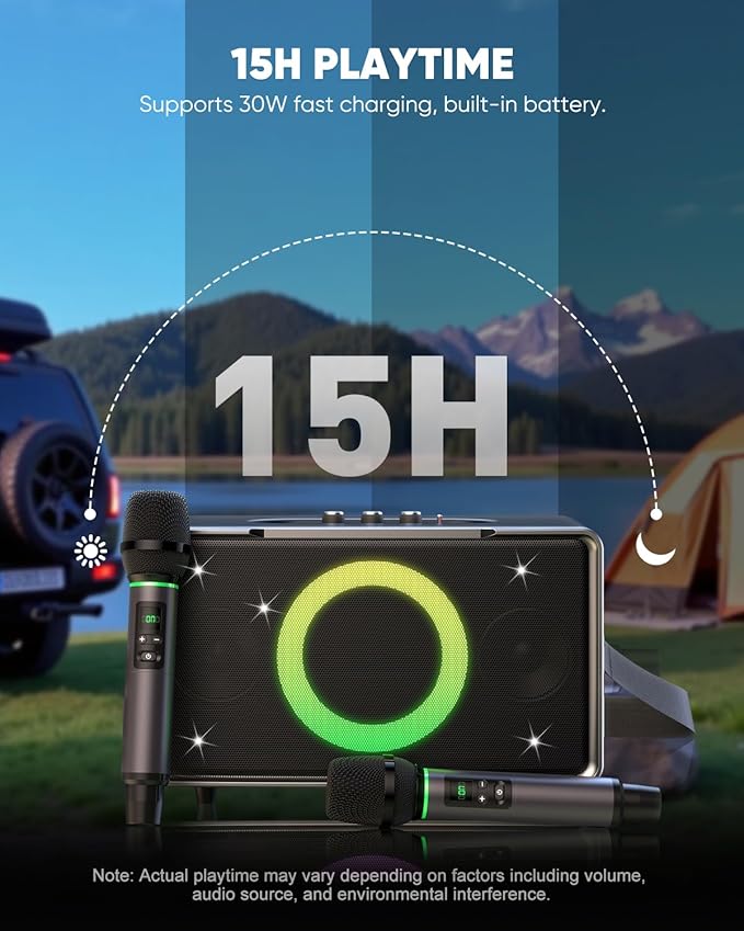 GFEEN Portable Bluetooth Speaker: 200W Peak, Deep Bass, 15H Playtime, Large Party Wireless Speakers, Powerful Loud Sound, Light Show, Fast Charging for Outdoor, Backyard, Home(Silver with 2Mic)