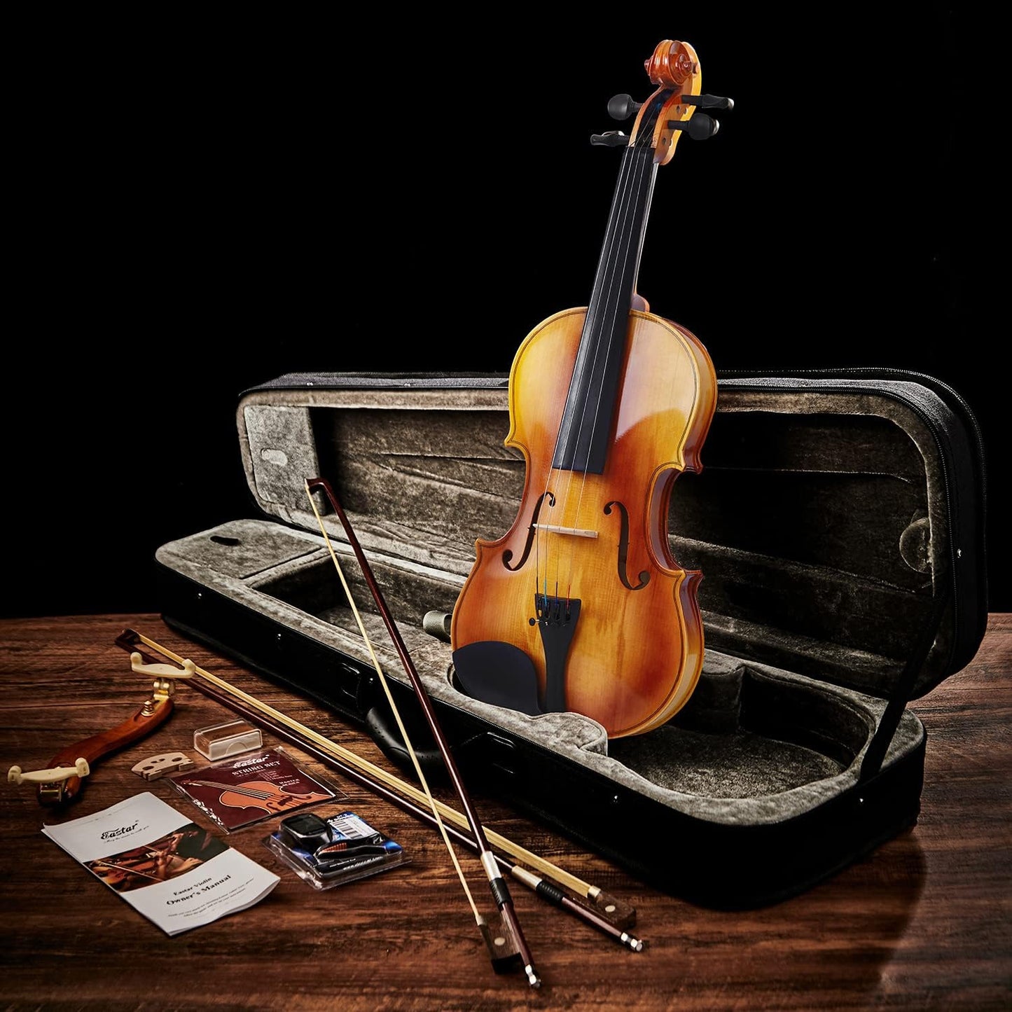 Eastar 4/4 Violin Set Full Size Fiddle Solidwood for Adults with Hard Case, Shoulder Rest, Rosin, Two Bows, Clip-on Tuner and Extra Strings, EVA-330