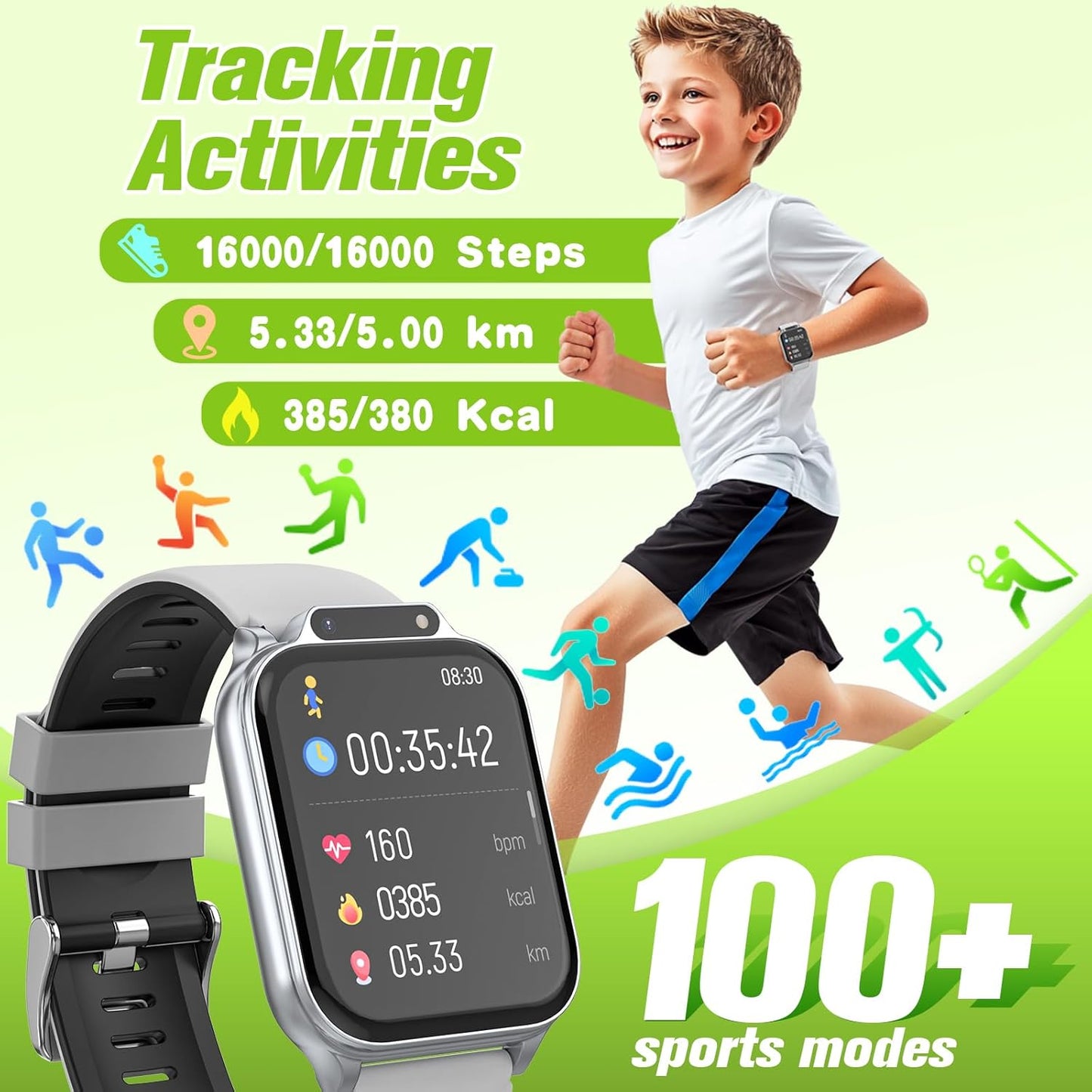 Smart Watch for Kids 1.85" with Fitness Tracker, Sleep Monitor, 22/100+ Sport Modes, DIY Dial, IP68 Waterproof, Step Counter, Heart Rate, Camera, with/Without APP, Gift for 3-12 Years Old Boys Girls