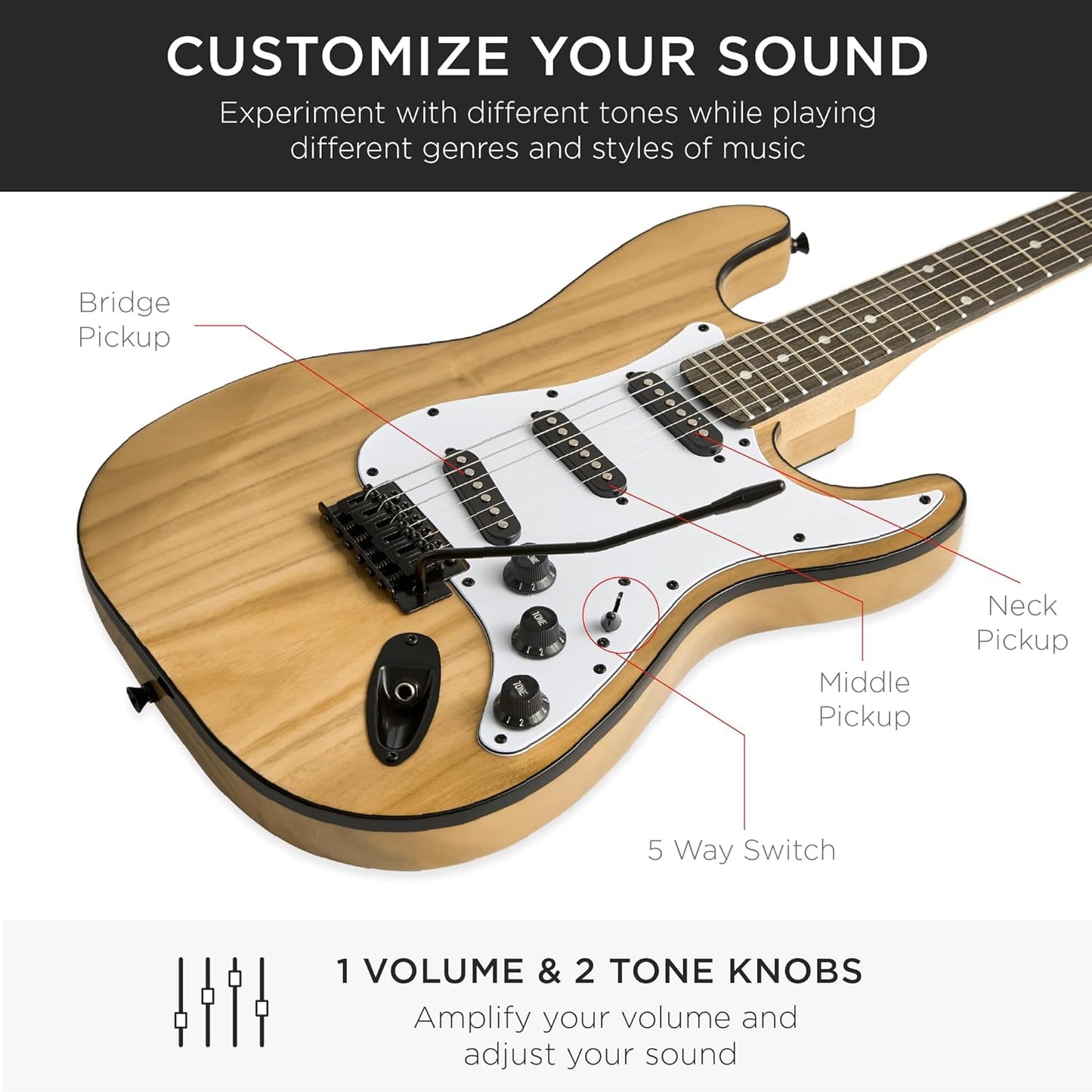 Best Choice Products 39in Full Size Beginner Electric Guitar Starter Kit w/Case, Strap, 10W Amp, Strings, Pick, Tremolo Bar - Natural