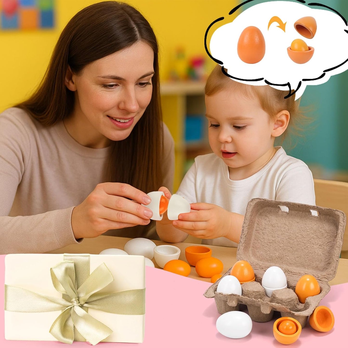 HANSGO Play Food Sets for Kids Kitchen, 6PCS Wooden Toy Food Pretend Play Egg Games for Children Cooking DIY Early Development Learning Skills