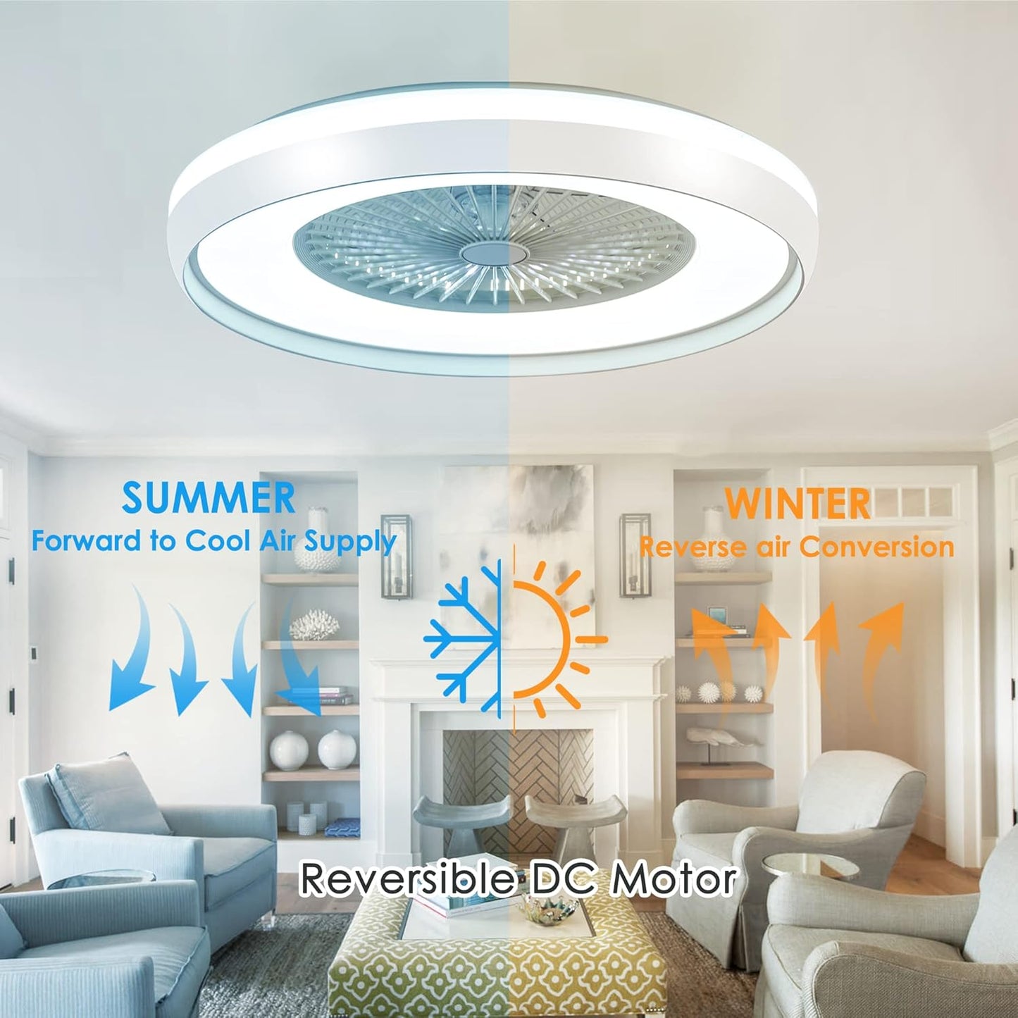 24" Bladeless Ceiling Fan with Light Remote, Smart LED Ceiling Fans with App Control, Modern Low Profile Dimmable Light Ceiling Fan for Bedroom Living Room White
