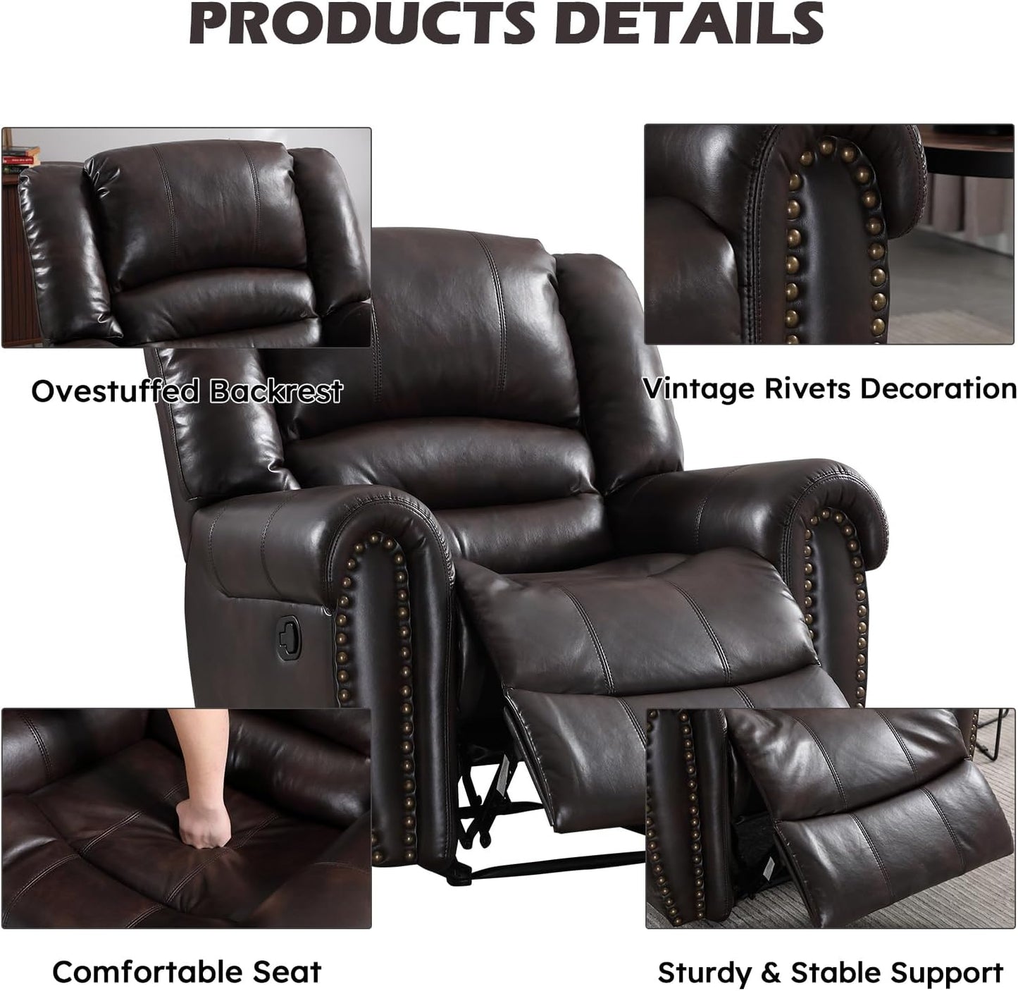 CANMOV Leather Recliner Chair, Classic and Traditional Manual Recliner Chair with Comfortable Arms and Back Single Sofa for Living Room, Dark Brown