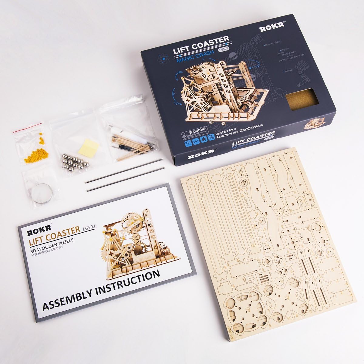 ROKR 3D Wooden Puzzles Marble Run Set - Mechanical Model Kit for Adults DIY Roller Coaster Toys Gifts for Boys/Girls (Marble Channel)