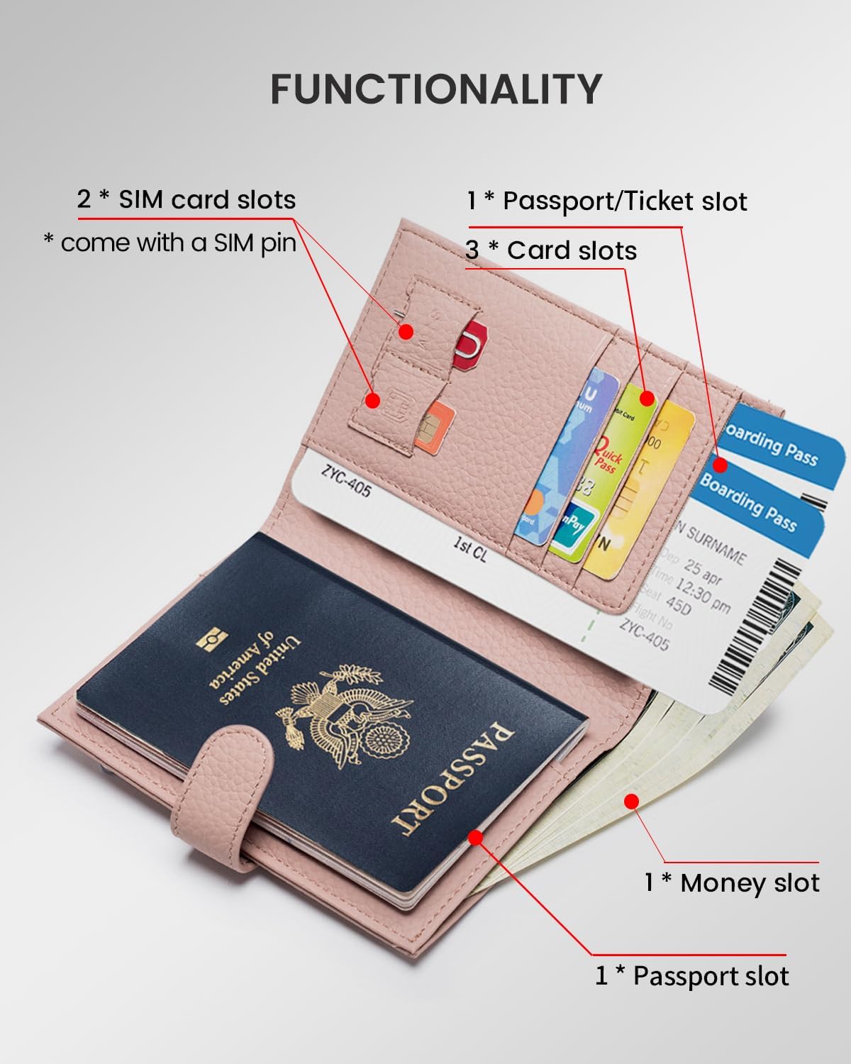 RFID Passport Holder Travel Wallet for Women, Leather Passport Cover Wallet with Card Holders SIM Slots,Zippered Coins Pocket and Cash Slot Slim Compact Travel Wallet (Pink)