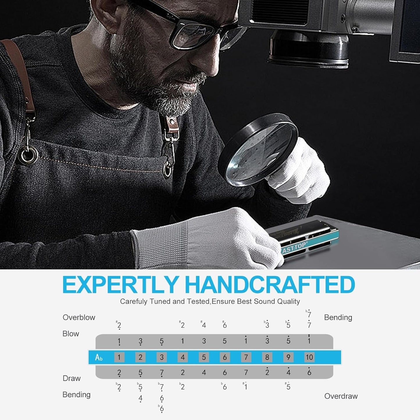 East top Harmonica, Advanced Diatonic Harmonica Key of Ab, 10 Holes Blues Harp Mouth Organ Harmonica with Silver Cover, Blues Harmonicas For Adults, Professionals and Students