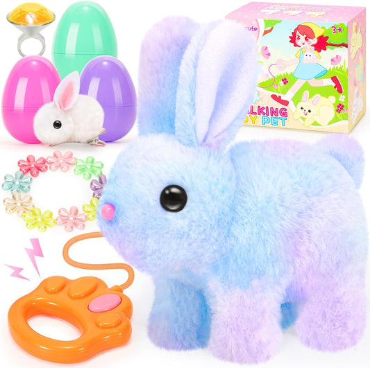 Plush Bunny Easter Toys for Kids,Interactive Bunny with Sounds,Can Walk and Wag Tail with Remote Control Leash,Easter Eggs with Surprise,Easter Birthday Gift for Toddlers