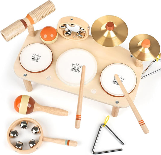 Kids Drum Set - Montessori Toys for 2 Year Old Boy Girl Birthday Gifts, 11 in 1 Wooden Musical Instruments for Toddlers 2-3, Musical Activity Table Preschool Learning Toys for Baby 18+ Months