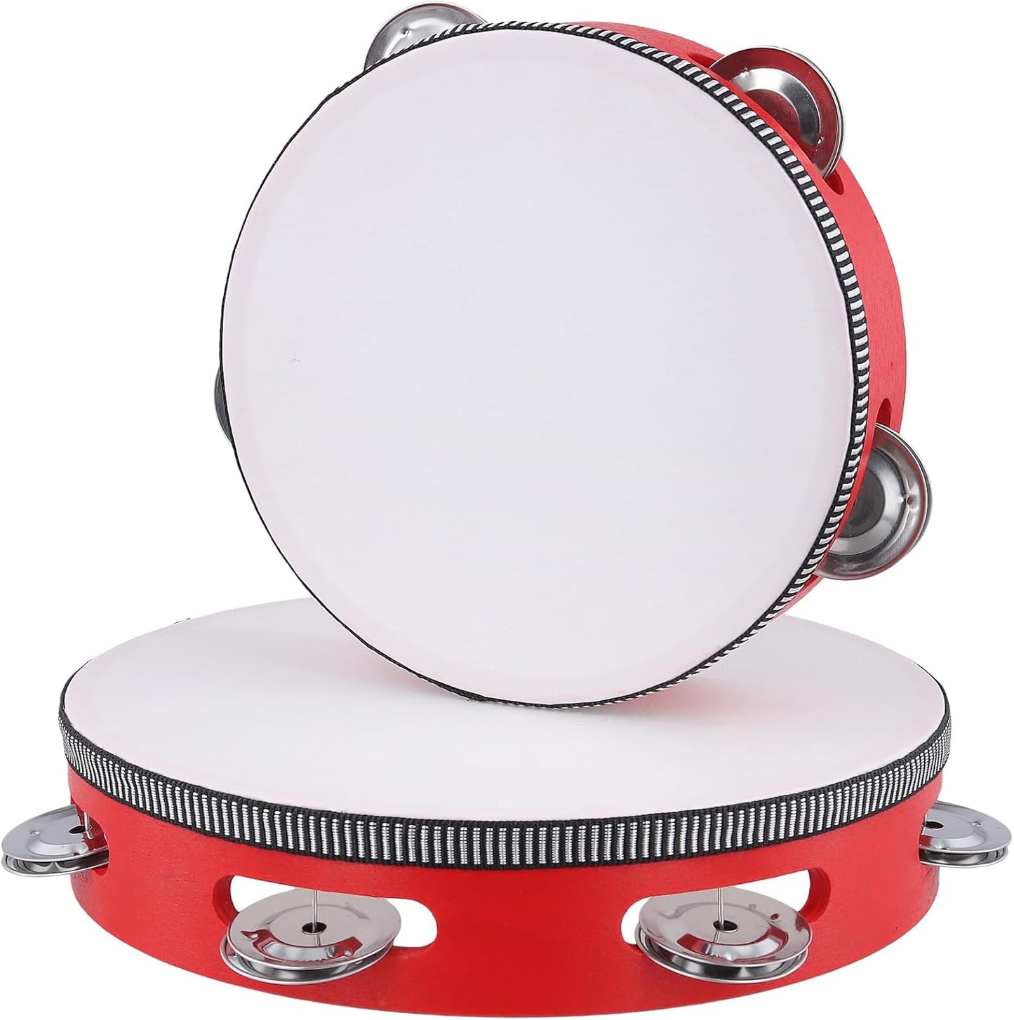 4 PCS 4" 6" 8" 10" Red Wooden Tambourine Set, Musical Instrument Tambourine Set, Handheld Drum Bell Metal Jingles Single Row Percussion for Church, Party