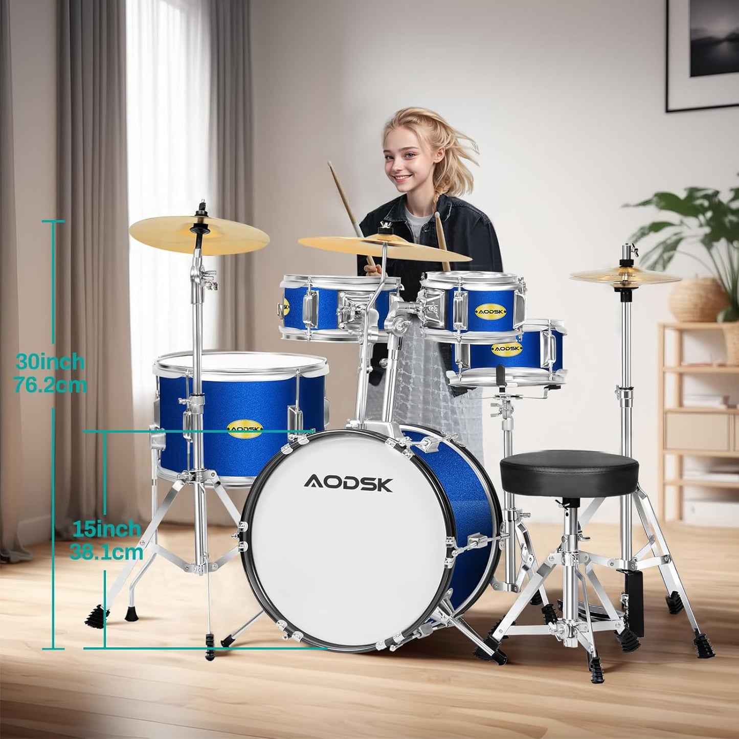 AODSK Kid Drum Sets 5-Piece for Beginners, 14 inch Full Size Complete Drum Kit with Adjustable Throne, Cymbal, Hi-Hat, Pedal & Drumstick, Black