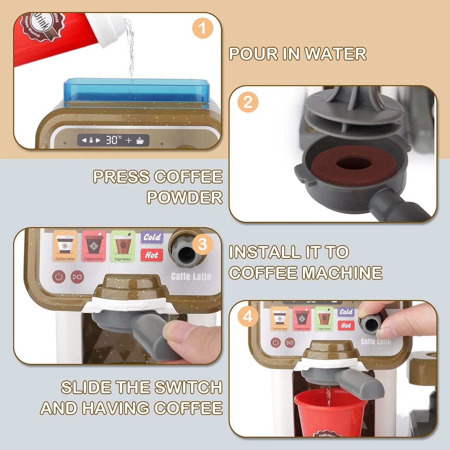 deAO Pretend Play Store Coffee Playset Kids Coffee Maker Play Set Pizzas Shop with Cash Register Toy Kitchen Playset Accessories Gifts for Toddlers Boys Girls