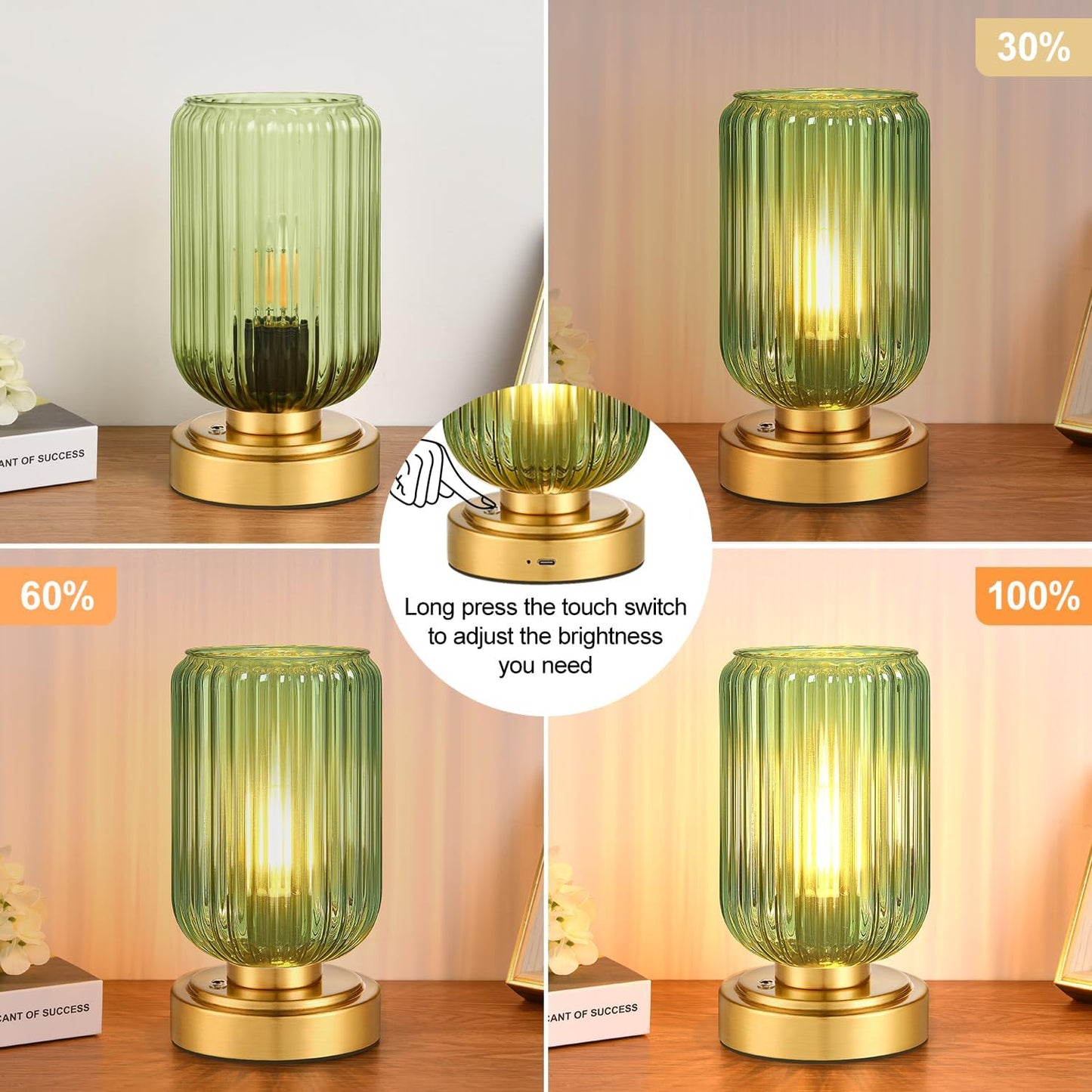 Small Table Lamp for Bedroom, Dimmable Cordless Lamp, Rechargeable Battery Operated Lamp with Green Glass Shade Touch Lamps for Night Stands, Living Room, Desk, Bulb Included