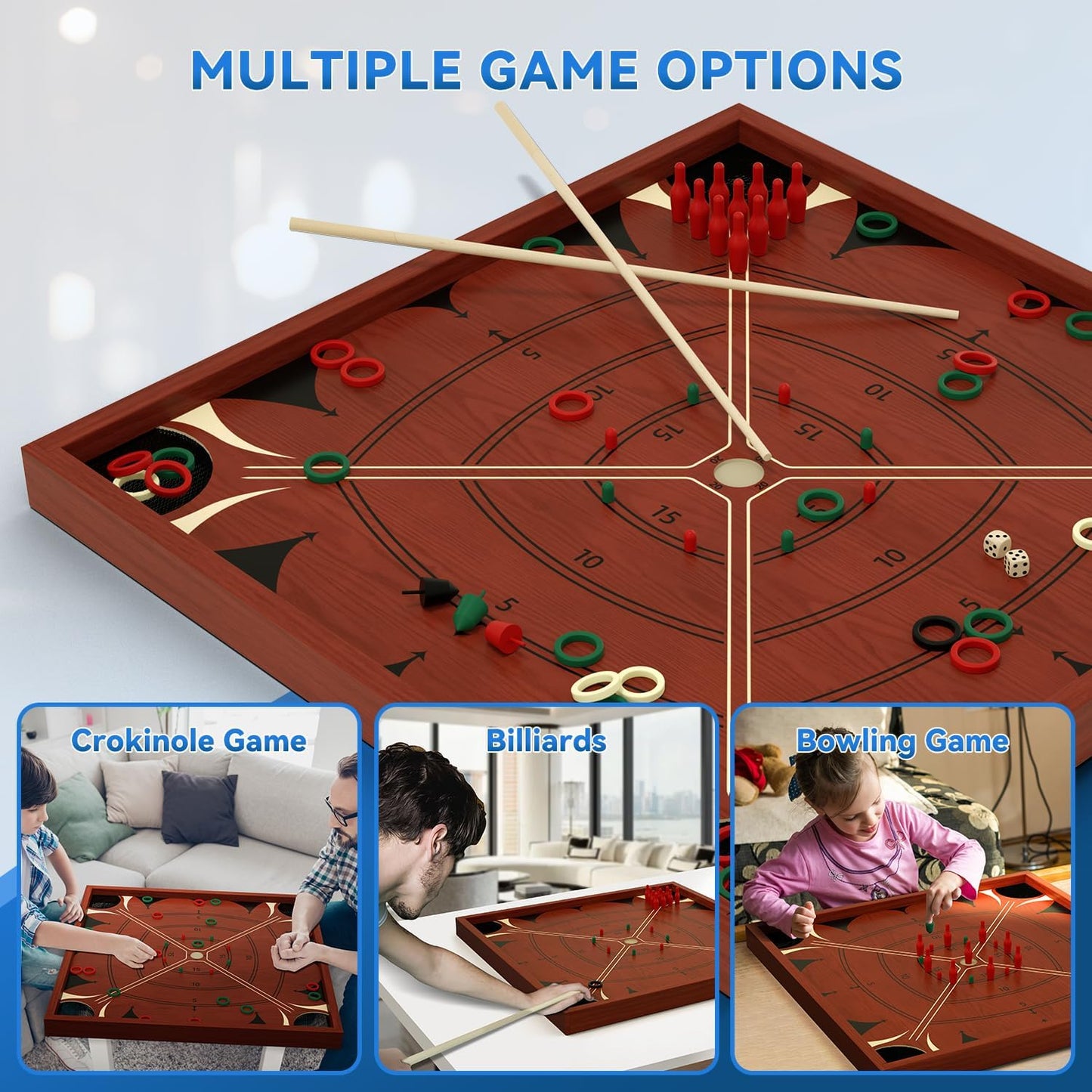 Board Game Set for Adults Family Night, 27.5 Inch Crokinole/Backgammon/Bowling Game/Tabletop Flicking Game with Discs, All in One Carron Board Game Set