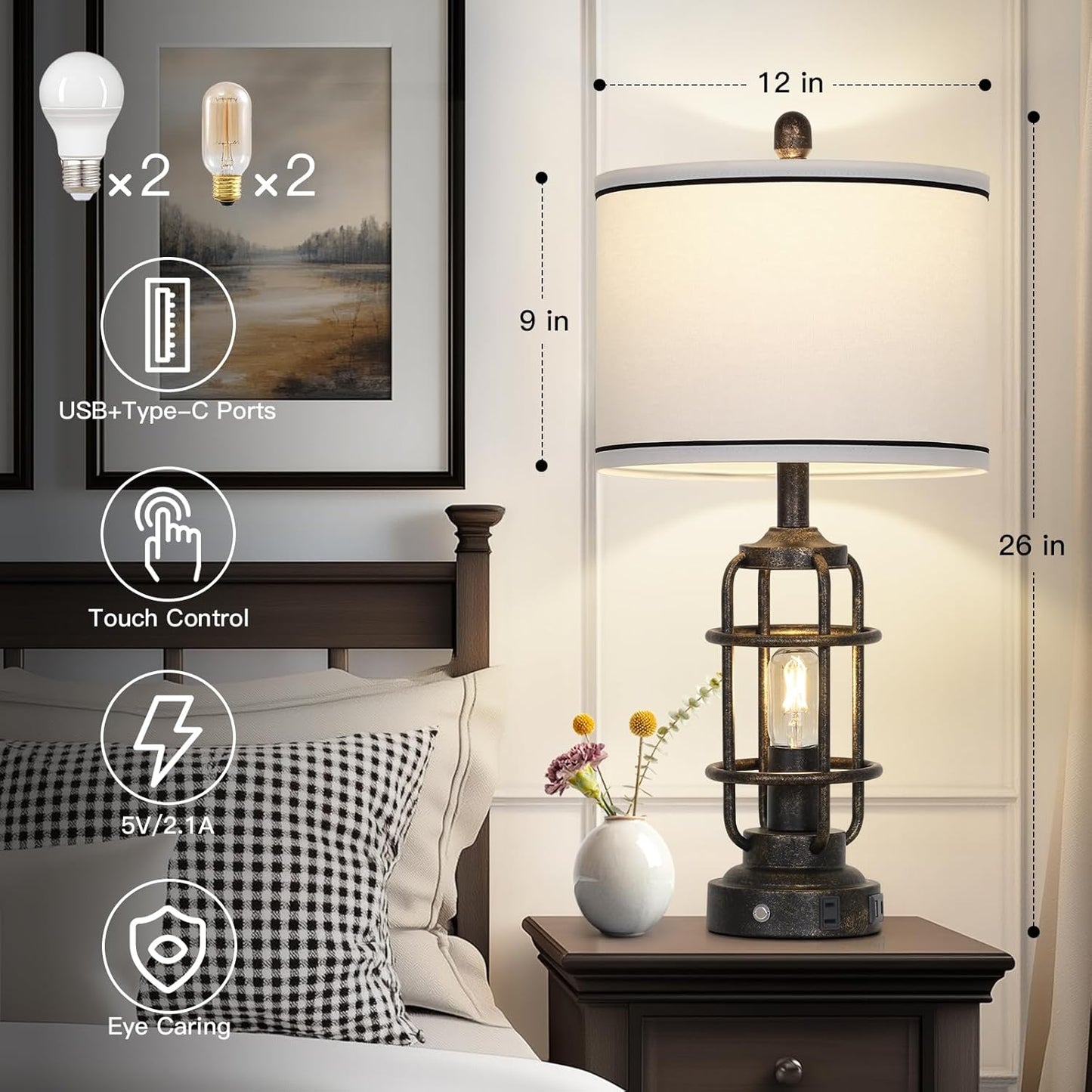 26" Vintage Industrial Table Lamps Set of 2, Farmhouse 3 Way Dimmable Touch Control LED Night Lights Table Lamp with USB A+C Ports & AC Outlet, Rustic Retro Beside Nightstand Lamp for Bedrooms Bronze