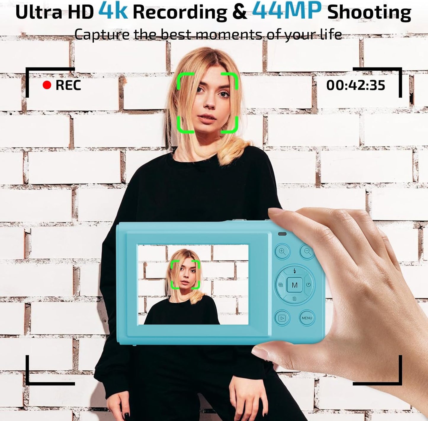 Upgrade Digital Camera, FHD 4K 44MP Autofocus Digital Point and Shoot YouTube Camera with 16X Zoom, 32GB SD Card, Compact Digital Camera Cheap for Teens Boys Girls Kids Blue Camera