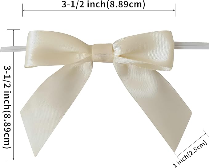50pcs 3-1/2" Mini Satin Ribbon Bows with Twist Ties for Crafts Cream Color for Gift Wrapping Packing Holiday Candy Decoration (3.5"-Ivory)
