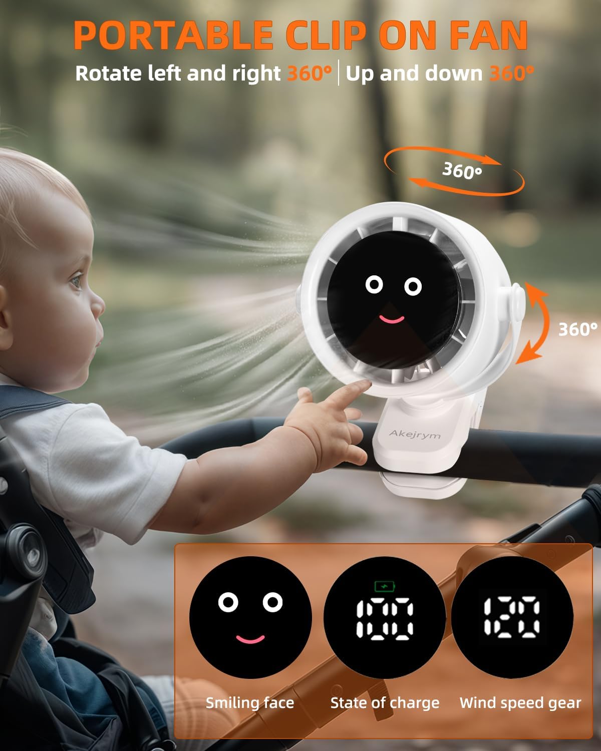 Clip on Fan for Bed, Portable Fan for Travel, 360° Rotate Battery Operated Personal Fan, Air Turbo Tech & Digital display, stroller fan with 5 Speeds, For Home Office Stroller Camping - White