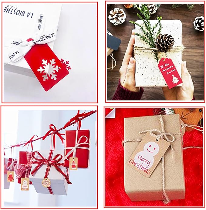 100 Pack Kraft Paper Christmas Gift Tags， Xmas Kraft Gift Tags with Jute Twine Baker Twine for DIY Xmas Holiday Present Wrap Stamp and Label Package Name Card