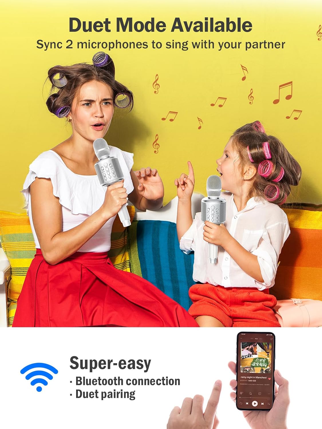 Wireless Bluetooth Karaoke Microphone, Built-in Loud Speaker for 10H Playback, Add Reverb/Duet Mode/Earbuds Monitoring, Portable Karaoke Machine for Entertainment & Singing Practice (White)