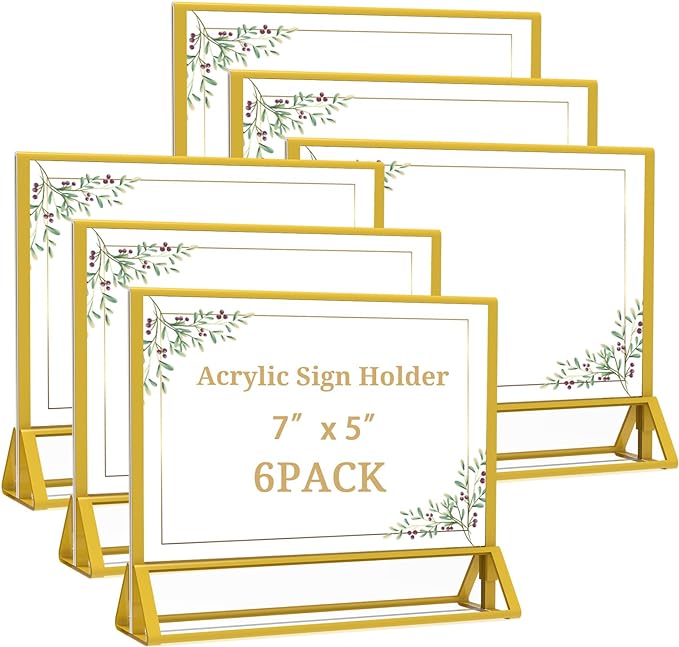 Clear Acrylic Sign Holder 7x 5 Horizontal Double Sided Gold Frame Flyer Holder for Wedding Table Number Menu Holder (6pcs)