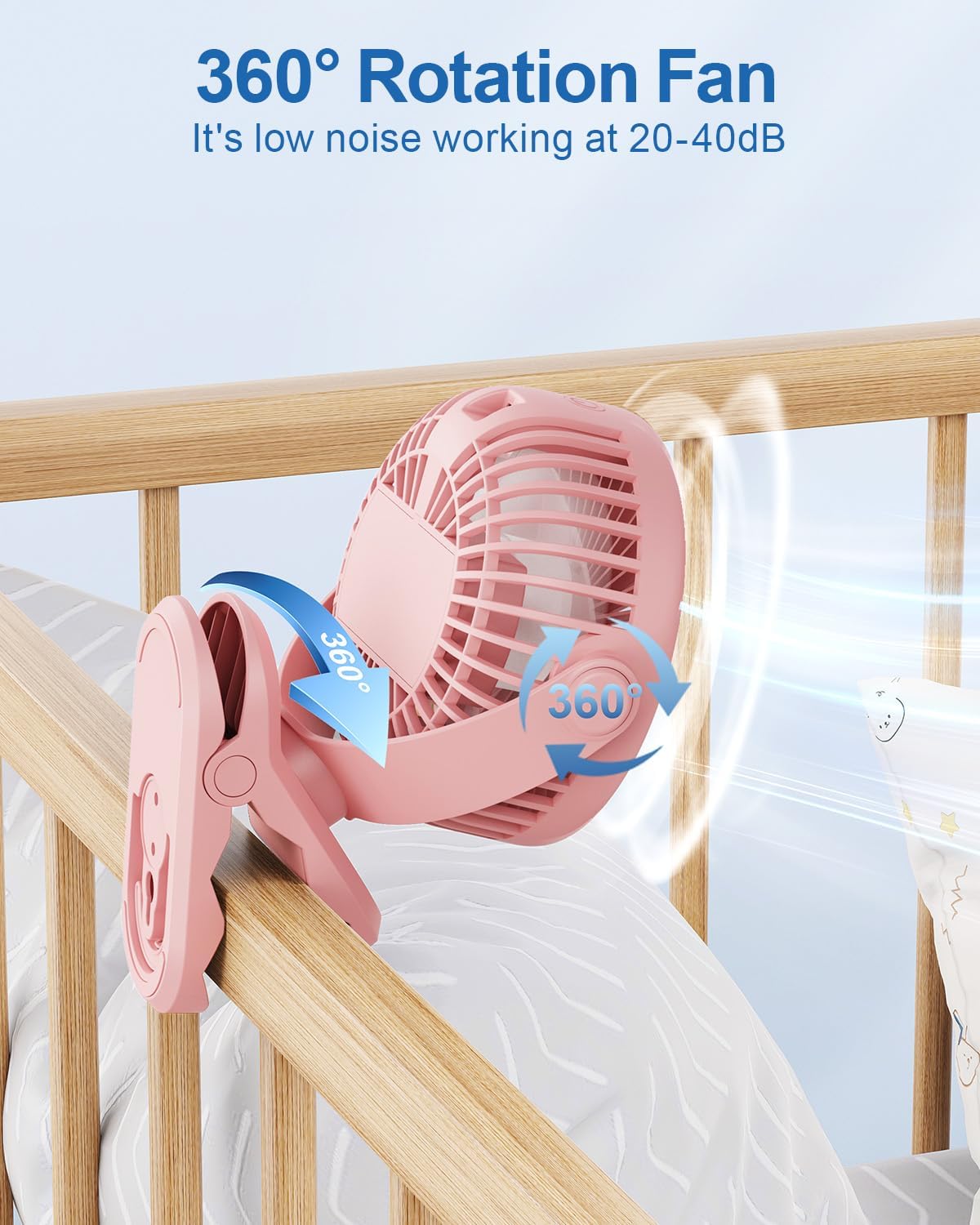 SWEETFULL Portable Clip on Fan - Battery Operated Rechargeable Fan with LED Display, 4 Speeds, Mini Personal Cooling Desk Fan for Golf Cart Travel Camping Gym - White