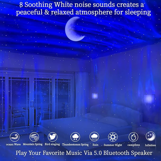 Aurora Northern Lights Projector: 60+ Light Effects White Noise Stars Sky Moon Lights for Bedroom Bluetooth Remote Timer Multi Colors, Mood Lighting Room & Classroom Decor