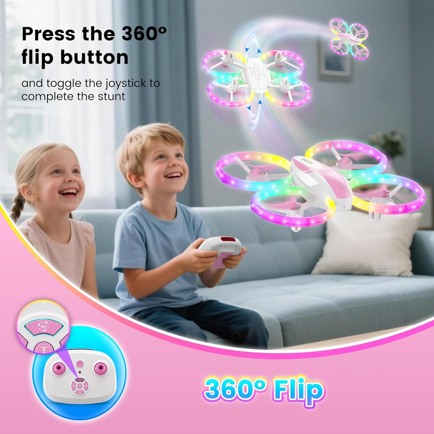 Mini Drone for Girls and Beginners with Fancy LED & Altitude Hold,Birthday Gift for Kids 8-12,Pink RC Drone with Propeller Protection,360°Flips,3 Speed Mode,Indoor Outdoor RC Quadcopter Toy
