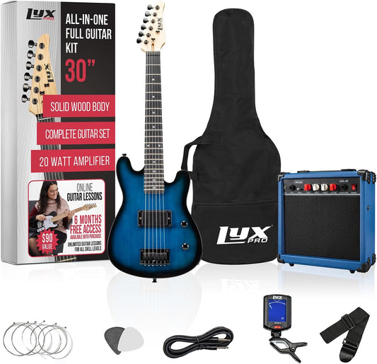 LyxPro 30 Inch Electric Guitar and Starter Kit for Kids with 3/4 Size Beginner’s Guitar, Amp, Six Strings, Two Picks, Shoulder Strap, Digital Clip On Tuner, Guitar Cable and Soft Case Gig Bag - Blue