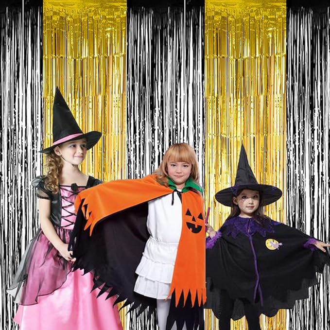 BTSD-home 4 Pack Black Gold Metallic Foil Fringe Curtain Tinsel Streamer Party Decorations Photo Booth Backdrop for Bachelorette Birthday Halloween