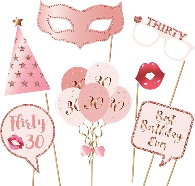 30th Birthday Party Photo Booth Props and Signs, Rose Gold 30 Birthday Party Selfie Props Kit with Sticks for Girls Women, Thirty 30th Happy Birthday Party Decorations Supplies Favors