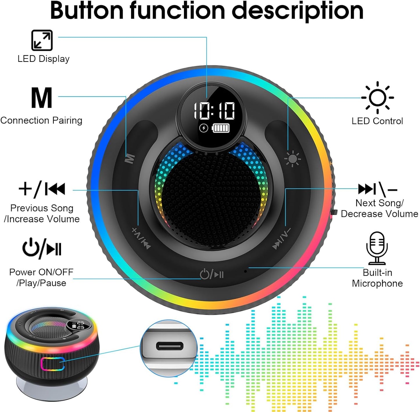 Bluetooth Speaker, HD Stereo Sound Shower Speaker, IPX7 Waterproof, Digital Display Portable with Suction Cup, LED Light, Small Wireless for Outdoor Party Beach Bathroom, Black