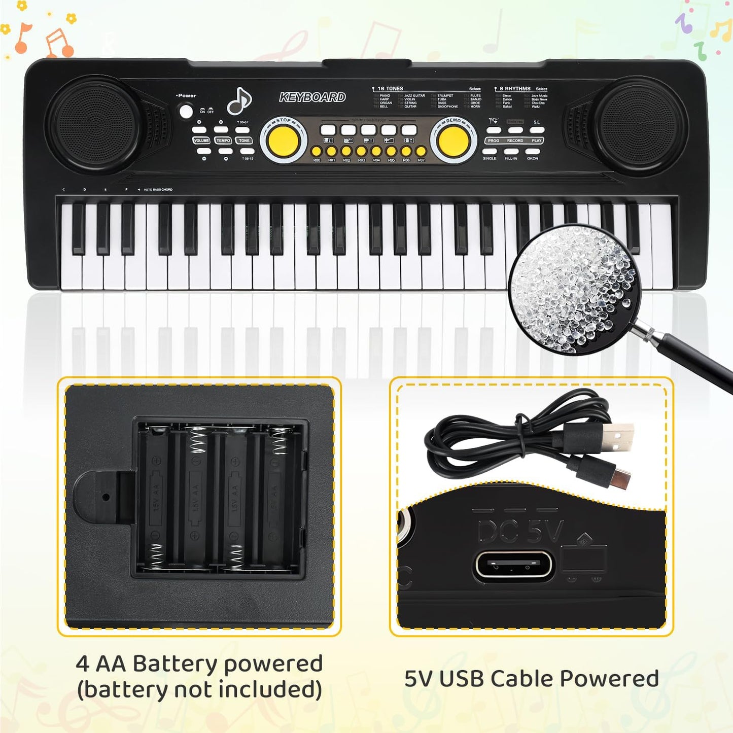 Kids Piano Keyboard Toy with Mic – 49 Keys Portable Electronic Piano for 3 4 5 6 7 Girls Boys Beginners Birthday Xmas Gifts, Black